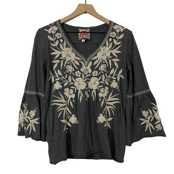Johnny Was Adele Embroidered Jersey Top - Charcoal Gray - XS - Picture 1 of 12